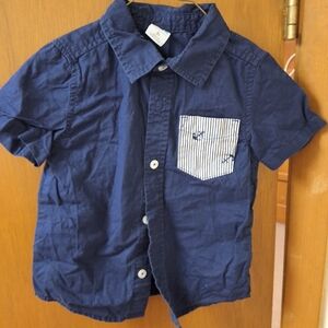 Navy Blue Button-Up Shirt with Striped Pocket